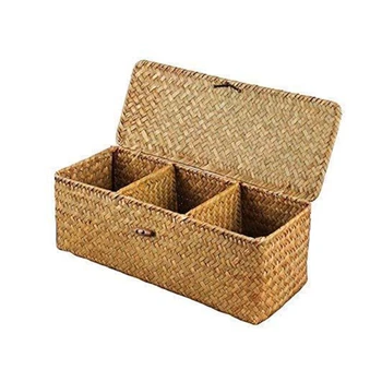 Стильная плетеная настольная корзина для хранения с крышкой Ручной работы Коробка для хранения мелких предметов