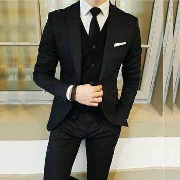 Формальные Элегантные Черные мужские костюмы Полный комплект с остроконечным лацканом, однобортный, без каблука, роскошный деловой пиджак из 3 предметов, брюки, жилет, приталенный крой