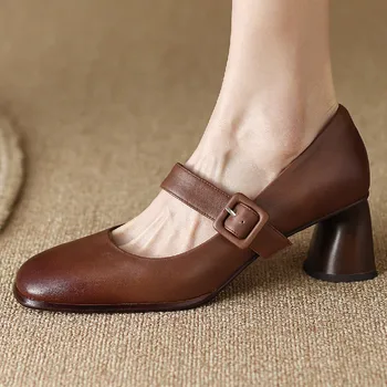 Большие размеры 34-42, женские туфли-лодочки Mary Jane из натуральной кожи на толстом высоком каблуке с квадратным носком, женские мягкие удобные туфли на каблуке в стиле OL.
