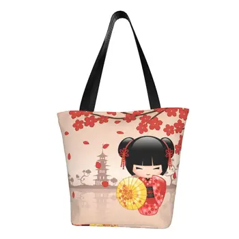 Японская Красная кукла Сакура Кокеши, сумки для покупок, Портативная Холщовая сумка для покупок, Милая Девчачья сумочка цвета вишни