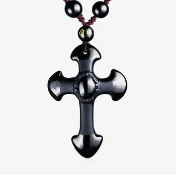 Прямая доставка, Кресты из натурального черного обсидиана, Счастливый Амулет, ожерелье для женщин, Мужские подвески, ювелирные изделия 52*36 мм