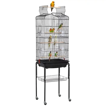 64-дюймовая металлическая клетка для птиц на колесиках с выдвижным лотком с открытым верхом, черная