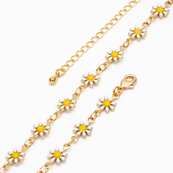 Цепочка с цветком из золотой эмали, цепочка с белой маргариткой, готовый браслет / ожерелье с удлинительной цепочкой, готовая к ношению (# LK-578-1)