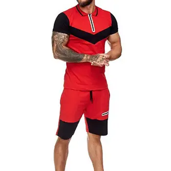 Спортивный костюм с цветным блоком, Мужская футболка с отворотом и Шорты, Комплект для фитнеса