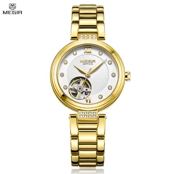 MEGIR Роскошные Женские часы-браслет из нержавеющей стали и золота с большим циферблатом, Автоматические Механические наручные часы, женские деловые часы.