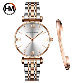 Простые модные женские часы из нержавеющей стали, розовое золото, элегантный японский механизм, кварцевые наручные часы, простой круглый циферблат, часы-браслет.