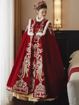 Китайская традиционная бархатная одежда с вышивкой Xiuhe, Плащ для новобрачных, Свадебная шаль, Теплый плащ, Китайское свадебное пальто, длинный красный плащ