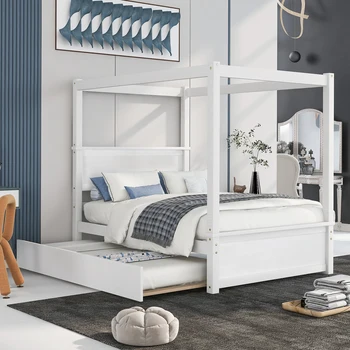 Деревянная кровать с балдахином и выдвижной кроватью, полноразмерная кровать-платформа с балдахином и поддерживающими рейками.Пружинный блок не требуется, матовый белый