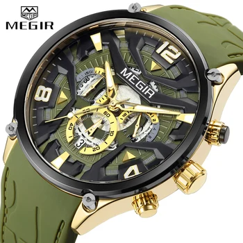MEGIR ArmyGreen Кварцевые часы с силиконовым ремешком для мужчин, модный хронограф, светящиеся спортивные наручные часы для мужчин с автоматической датой 24 часа в сутки