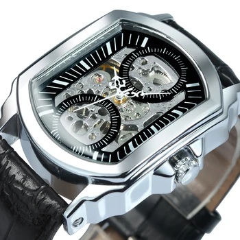 Мужские часы WINNER Rectangle Skeleton, лучший бренд класса Люкс, Автоматические Механические часы, повседневный кожаный ремешок, деловые наручные часы