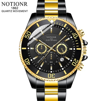Модные мужские золотые часы NOTIONR, роскошные мужские деловые водонепроницаемые кварцевые часы из нержавеющей стали, мужские повседневные светящиеся часы