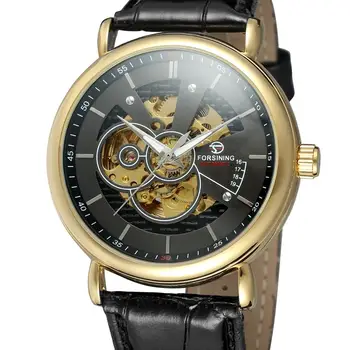 FORSINING Модные трендовые повседневные мужские женские деловые часы с черным циферблатом, золотым корпусом, черным ремешком, благородные простые автоматические механические часы