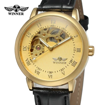 Модный Победитель Топовый бренд Золотые часы Мужские часы Мужские Механические часы Кожаный скелет Наручные часы Montre Homme Clock