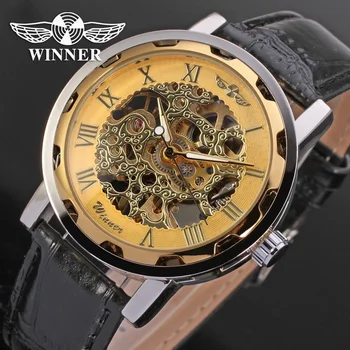 Winner Classic Royal Skeleton Design Мужские часы с ручным заводом, Черный ремешок из искусственной кожи, механический механизм, наручные часы Montre Homme