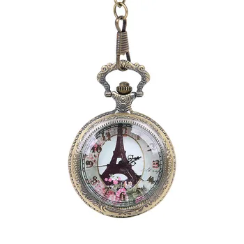 Часы Pocke с прозрачной крышкой и Эйфелевой башней с изысканным цветочным узором большого размера, белая поверхность, часы Pocke с цепочкой