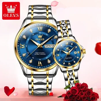 OLEVS 2906 Кварцевые часы для пары мужчин, оригинальные роскошные наручные часы с бриллиантами, ремешок в виде ромба из нержавеющей стали, ручные часы