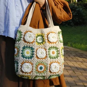 Ручная работа, универсальная 3D-камелия, красочная вязаная крючком бабушкина сумка на квадратном плече, шикарная женская сумка в стиле бохо в винтажном стиле