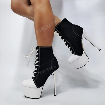Черно-Белые Ботильоны с Перекрестной шнуровкой на платформе и Высоком каблуке-шпильке В Спортивном стиле, Женская Обувь 2023, Пикантные Zapatos Para Mujere