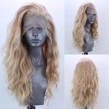 Кудрявый синтетический кружевной парик спереди для женщин из бесклеевого термостойкого волокна Gloden Blonde Кружевной парик
