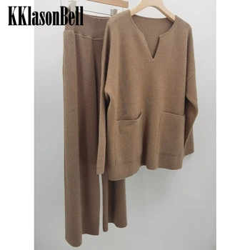 11.26 KKlasonBell Высококачественный кашемировый вязаный пуловер с V-образным вырезом и карманом, свитер или широкие брюки с высокой талией, женский комплект