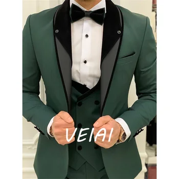 Зеленые мужские костюмы Однобортный платок с лацканами Костюм-тройка для отдыха и официальных мероприятий Куртка Брюки Жилет Hombre Slim Fit
