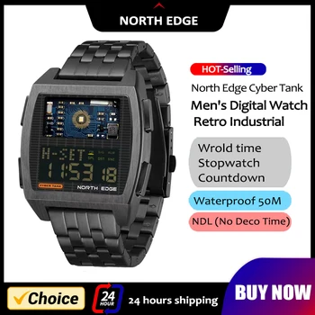 NORTH EDGE Новые мужские цифровые часы в ретро индустриальном стиле, цельнометаллический корпус, спортивные часы, водонепроницаемые 50-метровые смарт-часы Cyber Tank для мужчин