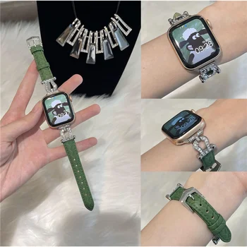 Часы из цинкового сплава + горный хрусталь + воловья кожа для Apple Watch серии Ultra/8/7/6 для ремешка Iwatch 49 мм 41 мм 45 мм U-образный браслет