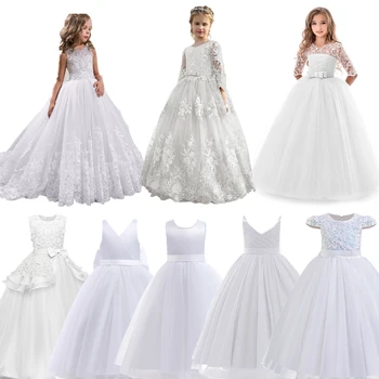 Белое кружевное детское платье с цветочным узором для девочек, тюлевые аппликации, длина принцессы до пола для свадебной вечеринки, платье для крещения, первого причастия