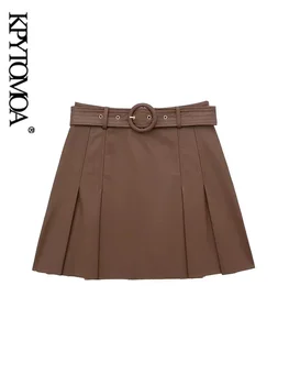 KPYTOMOA, Женская мода С поясом, плиссированная мини-юбка из искусственной кожи, винтажные женские юбки с высокой талией и молнией сзади, Mujer