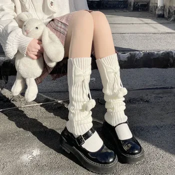 Милые гетры в стиле Лолиты, вязаные теплые длинные носки с бантиком в японском стиле, осень-зима, Jk, белые, черные меховые носки с бантиком в виде шарика